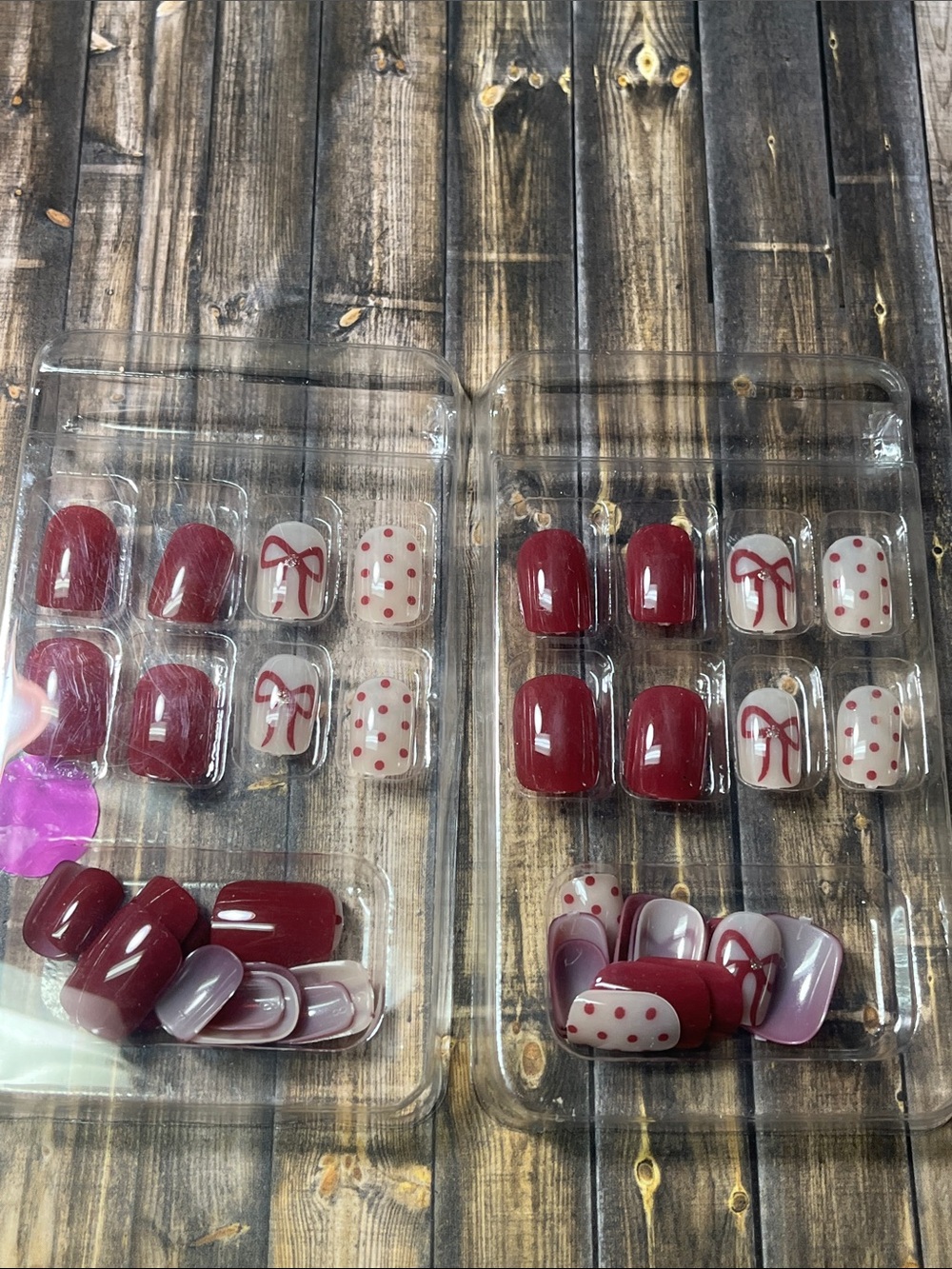 5for$10 Short Press On Nails Maroon with Red Bow 2 Sets Nail Accessories NWT